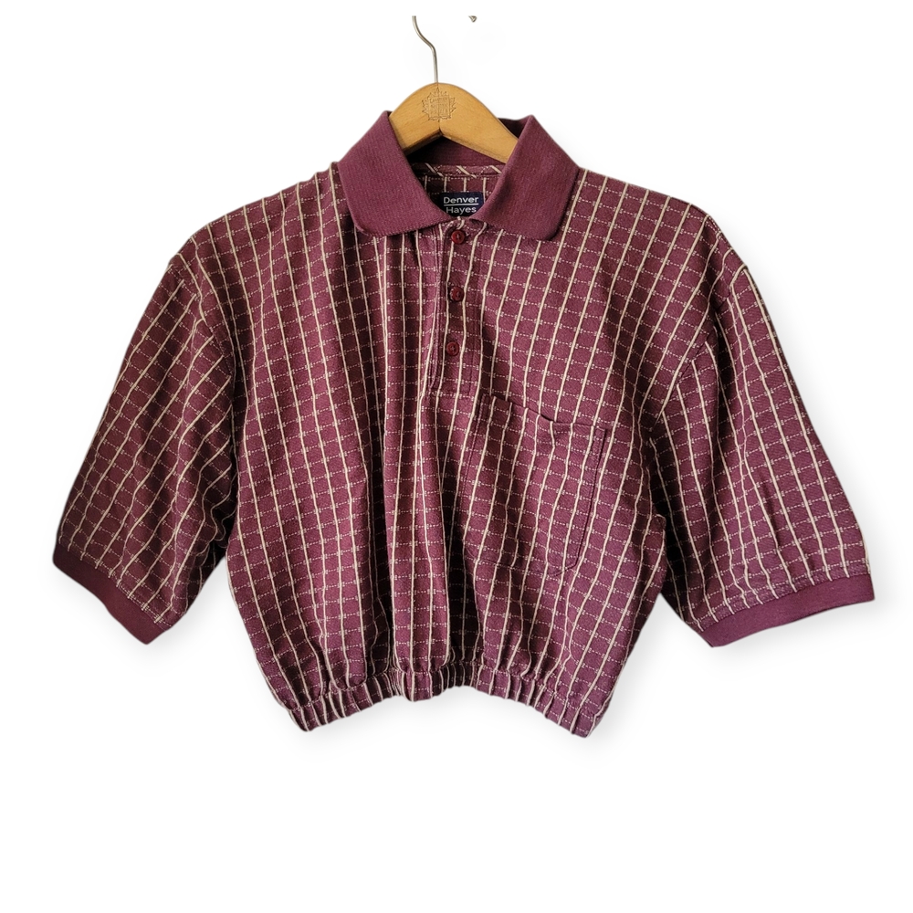 Vintage Women's Burgundy Plaid Cropped Polo Top